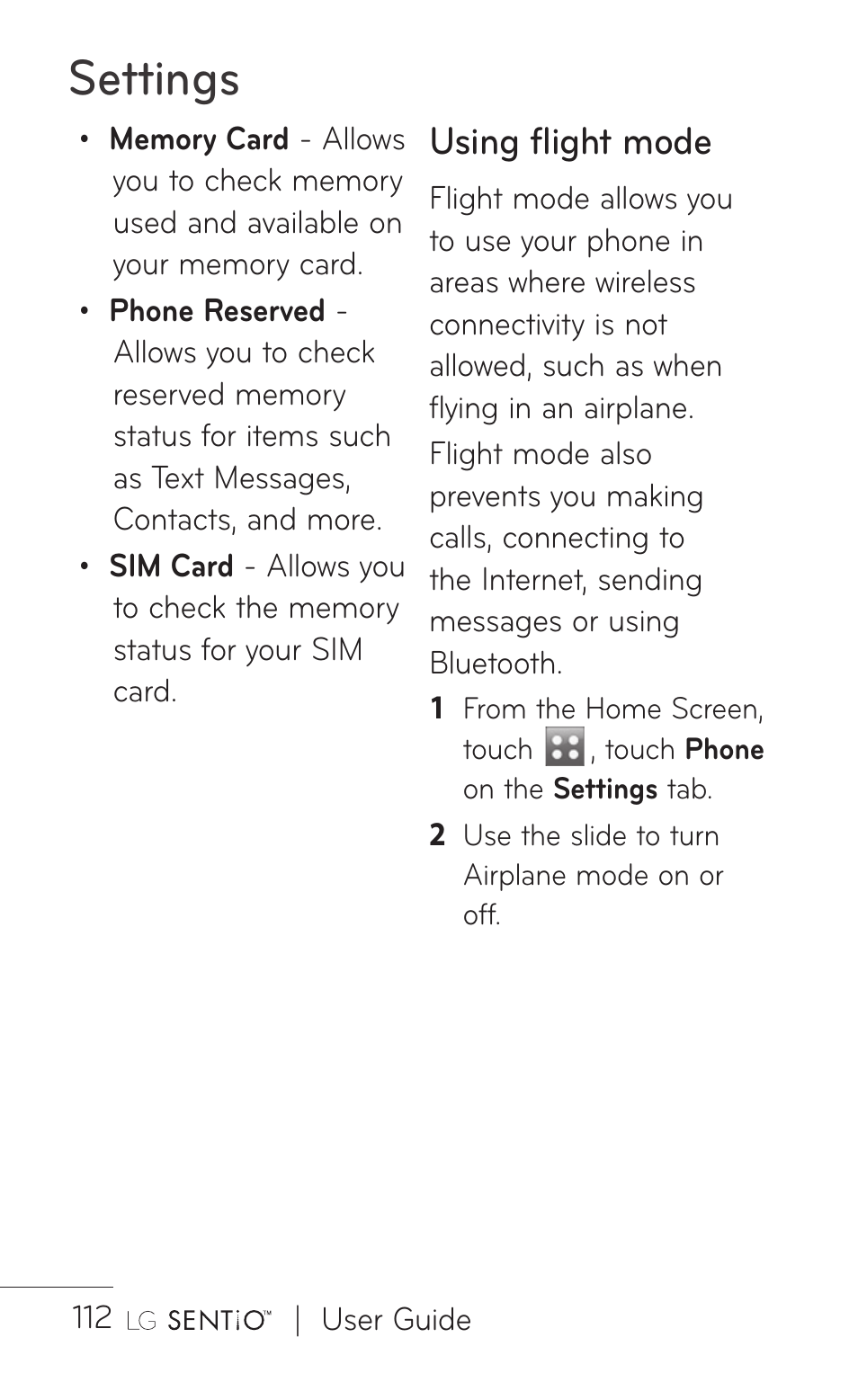 Settings, Using flight mode | LG B016222 User Manual | Page 114 / 122
