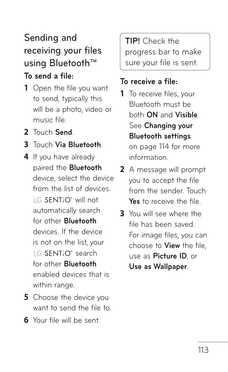 Sending and receiving your files using bluetooth | LG B016222 User Manual | Page 115 / 122