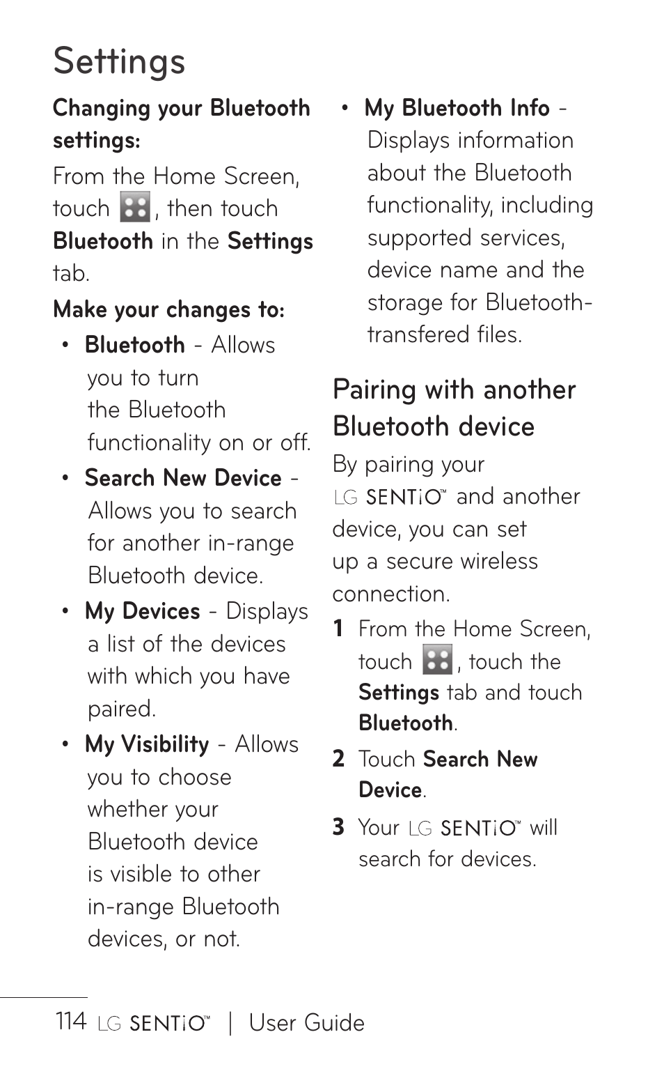 Settings, Pairing with another bluetooth device | LG B016222 User Manual | Page 116 / 122