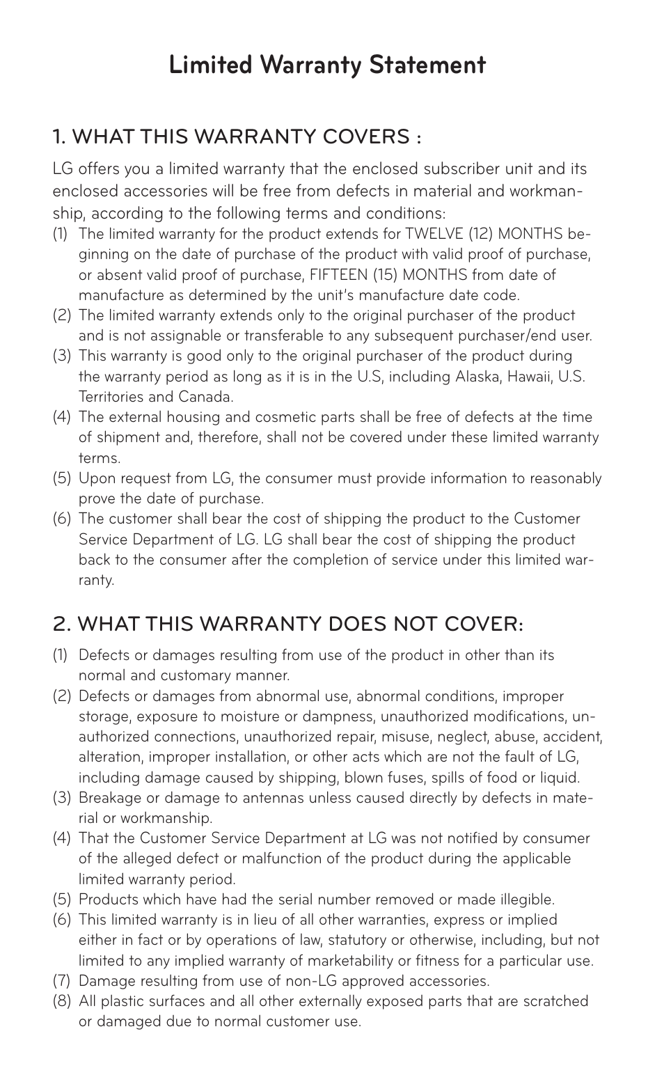 Limited warranty statement, What this warranty covers, What this warranty does not cover | LG B016222 User Manual | Page 120 / 122