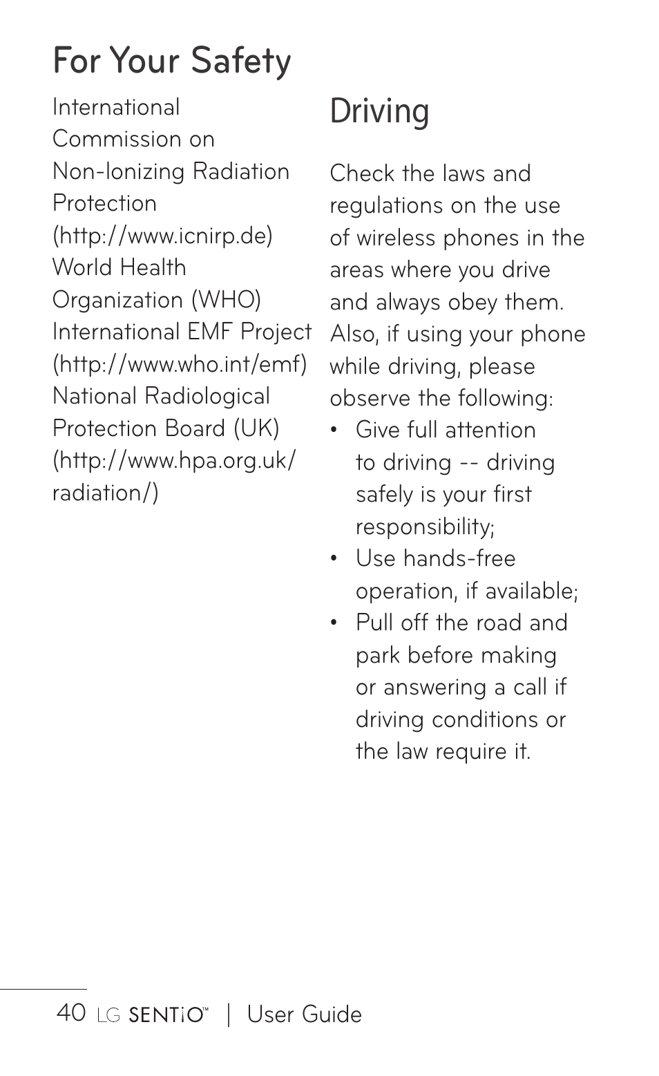 For your safety, Driving | LG B016222 User Manual | Page 42 / 122