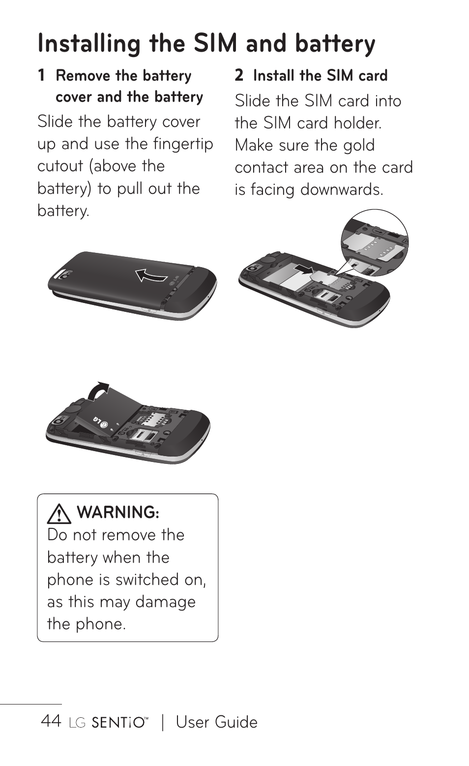 Installing the sim and battery | LG B016222 User Manual | Page 46 / 122