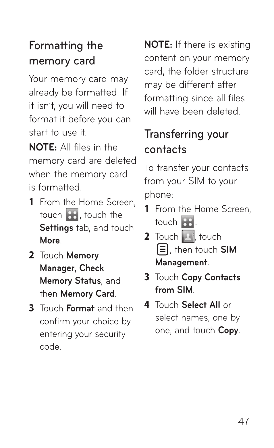 Transferring your contacts | LG B016222 User Manual | Page 49 / 122