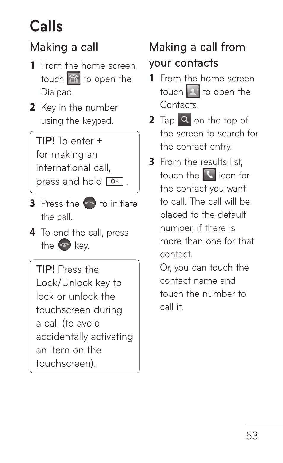 Calls, Making a call, Making a call from your contacts | LG B016222 User Manual | Page 55 / 122