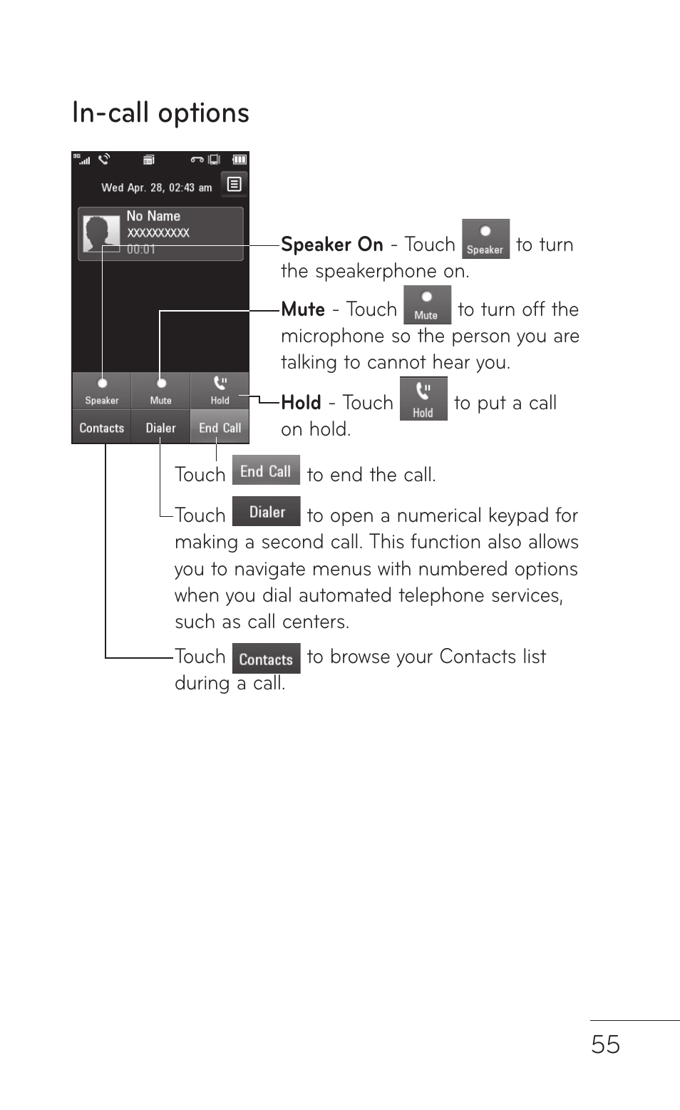 In-call options | LG B016222 User Manual | Page 57 / 122