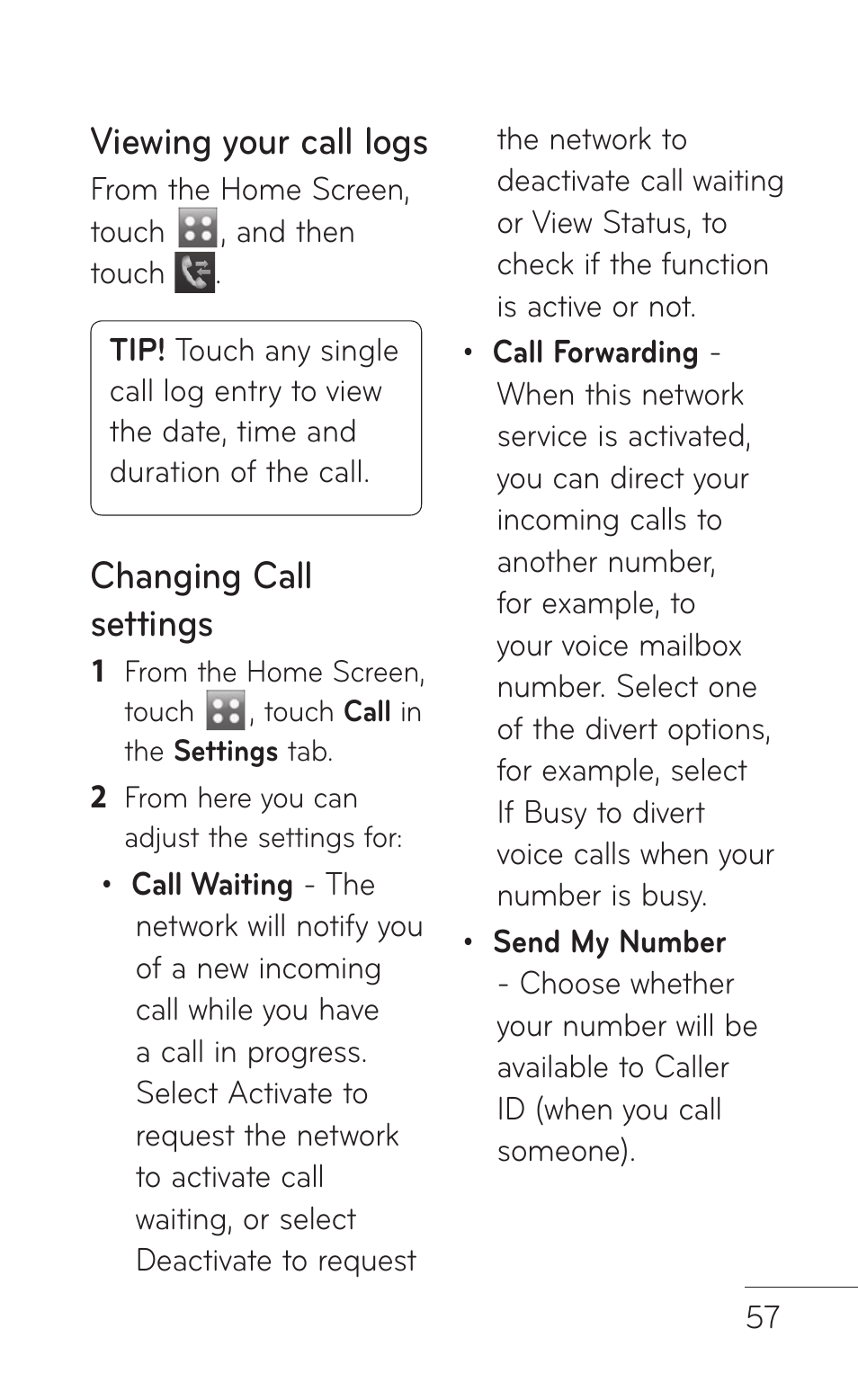 Viewing your call logs, Changing call settings | LG B016222 User Manual | Page 59 / 122