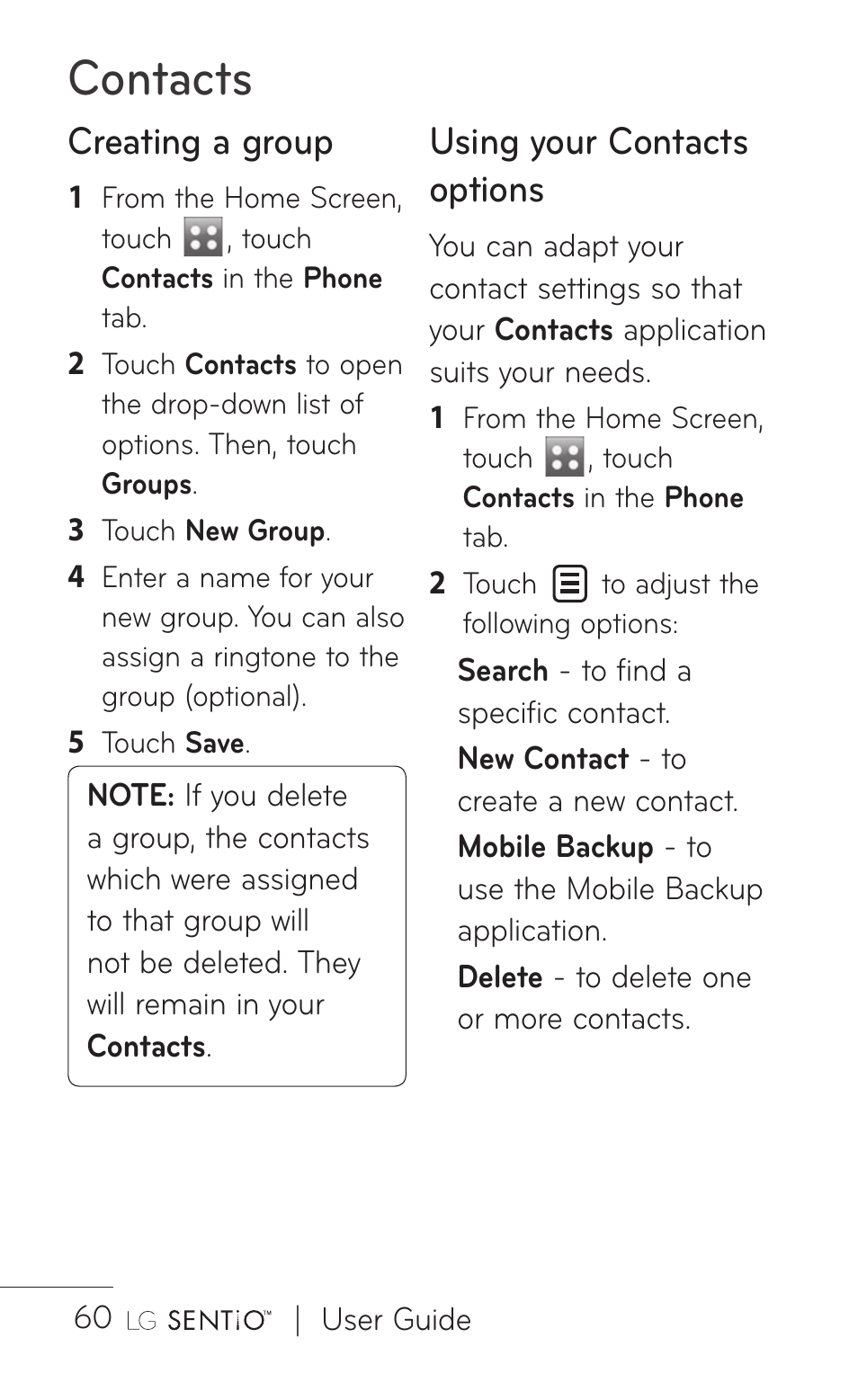 Contacts, Creating a group, Using your contacts options | LG B016222 User Manual | Page 62 / 122