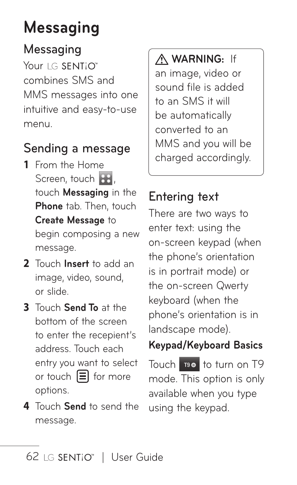 Messaging, Sending a message, Entering text | LG B016222 User Manual | Page 64 / 122