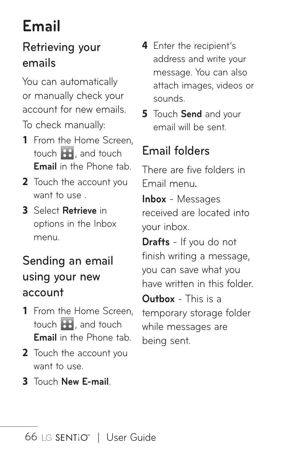 Email, Retrieving your emails, Sending an email using your new account | Email folders | LG B016222 User Manual | Page 68 / 122