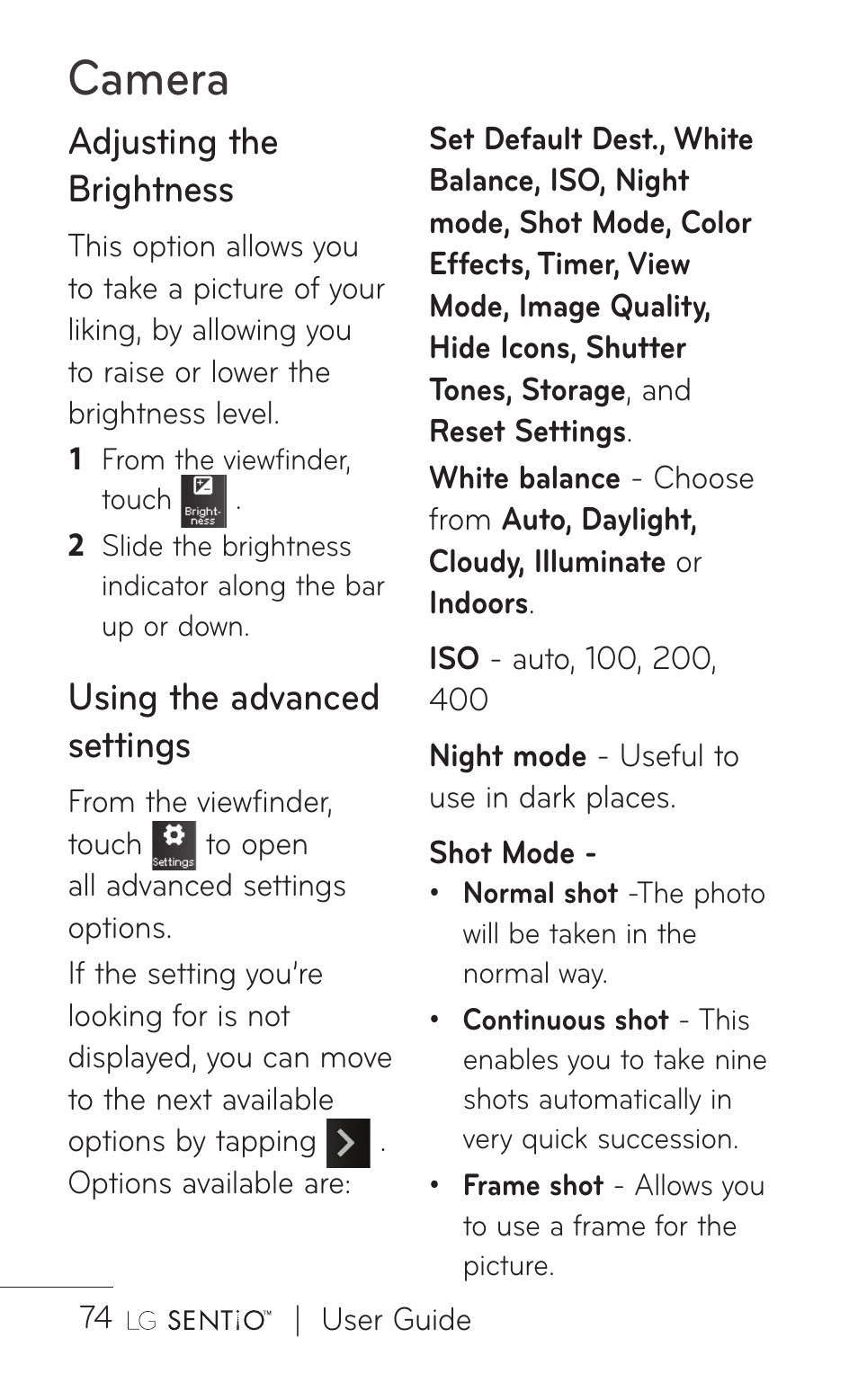 Camera, Adjusting the brightness, Using the advanced settings | LG B016222 User Manual | Page 76 / 122