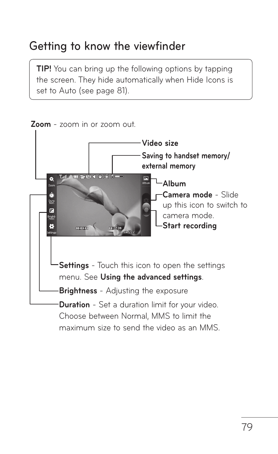 Getting to know the viewfinder | LG B016222 User Manual | Page 81 / 122