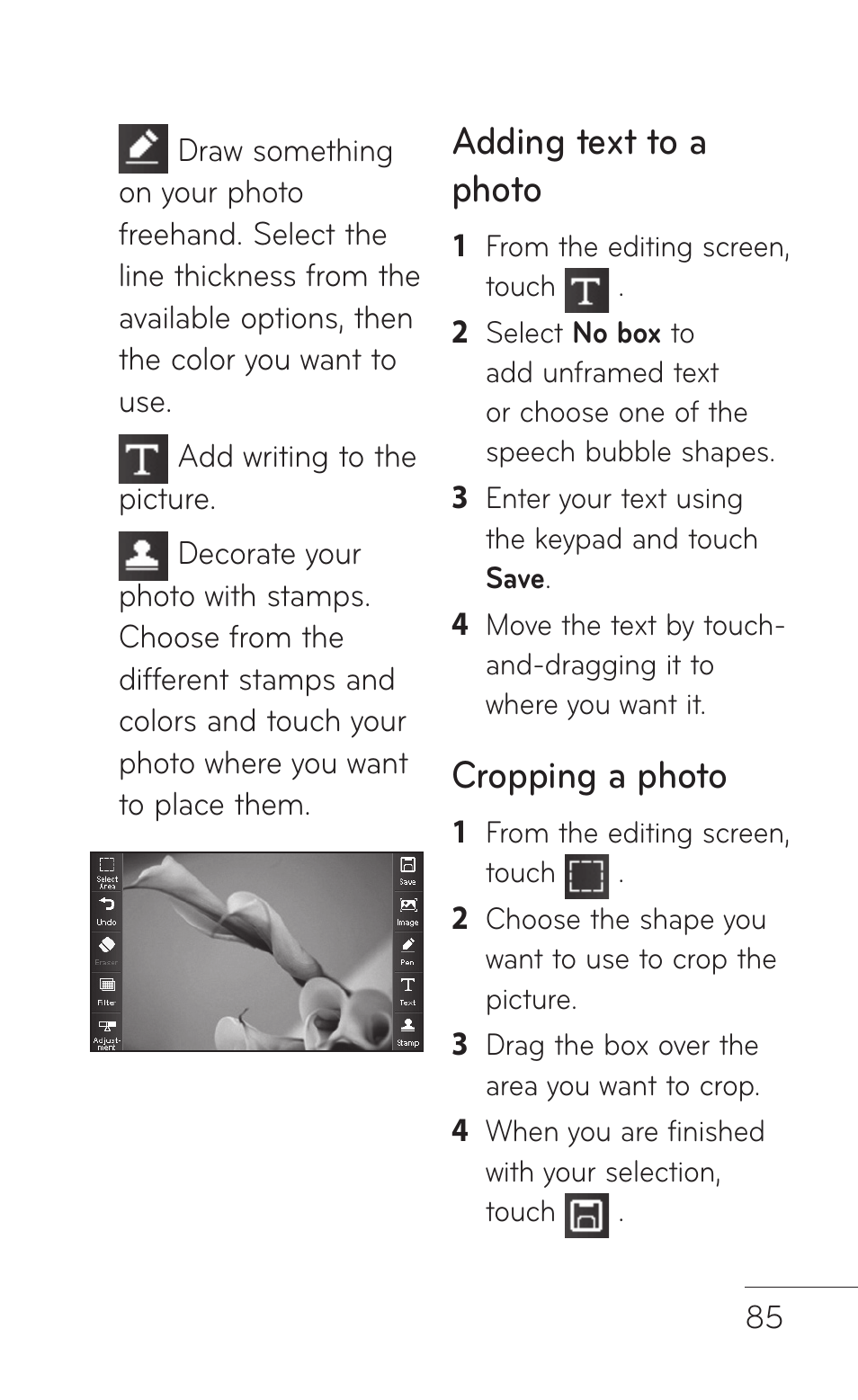 Adding text to a photo, Cropping a photo | LG B016222 User Manual | Page 87 / 122