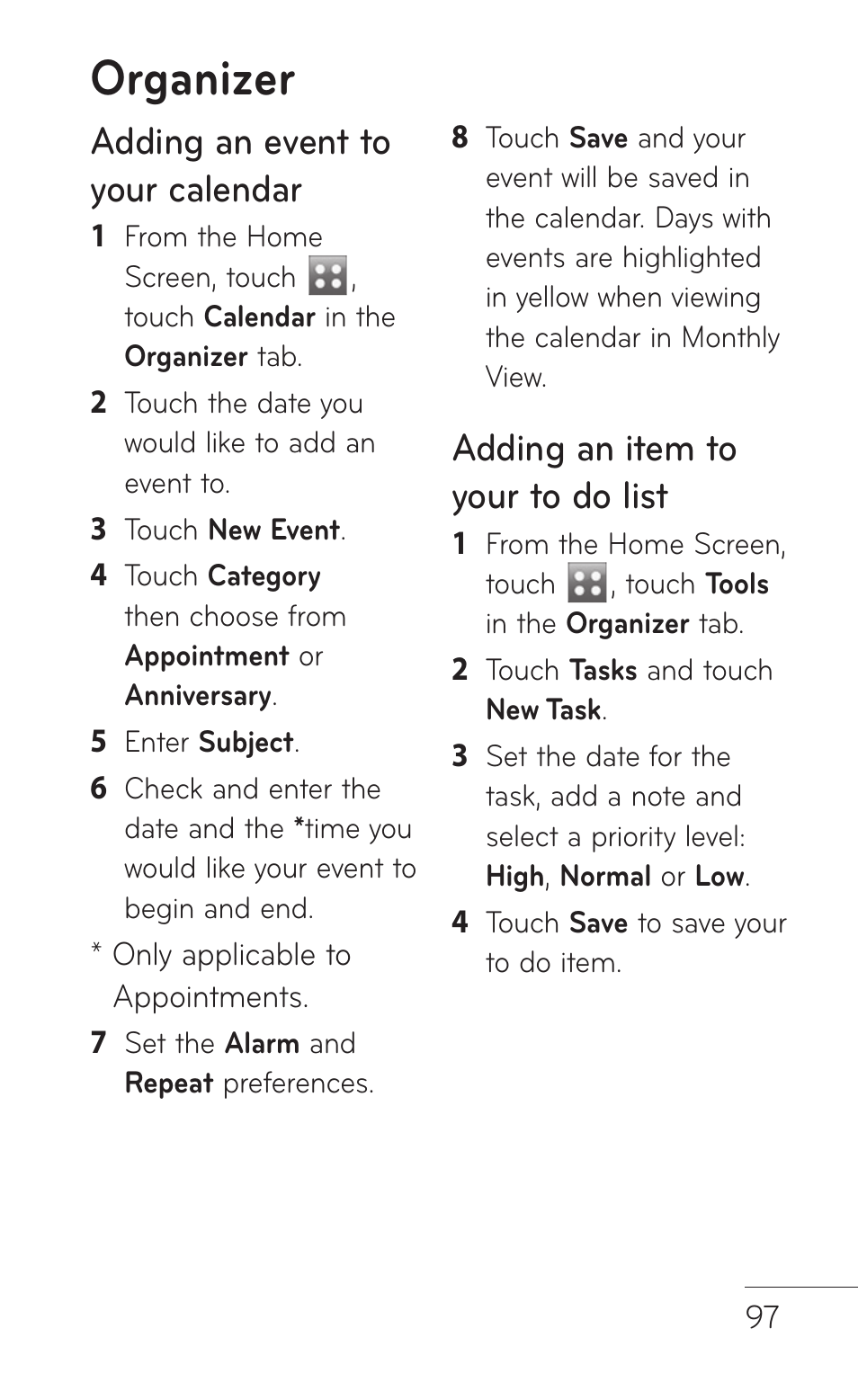 Organizer, Adding an event to your calendar, Adding an item to your to do list | LG B016222 User Manual | Page 99 / 122