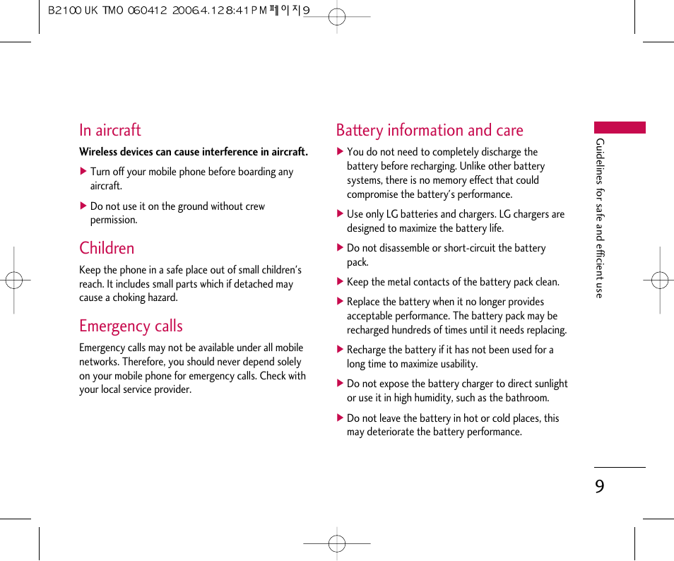 Children, Emergency calls, Battery information and care | LG B2100 User Manual | Page 10 / 79
