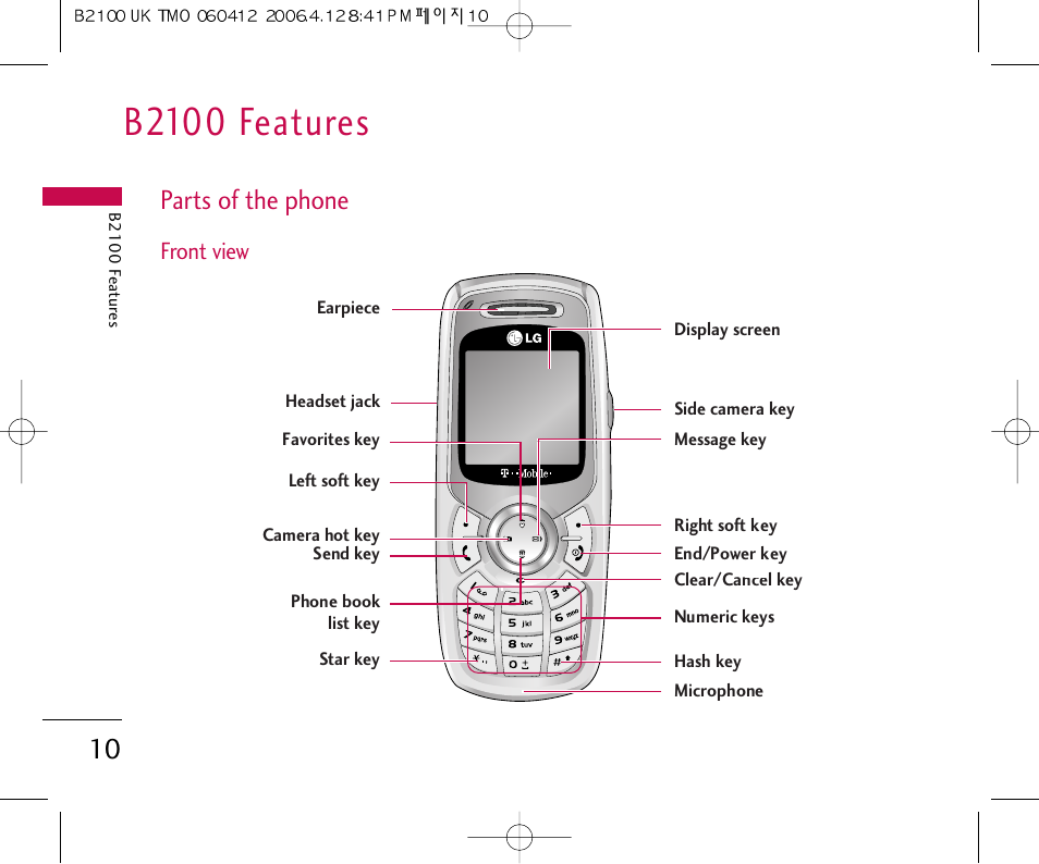 B2100 features, Parts of the phone | LG B2100 User Manual | Page 11 / 79