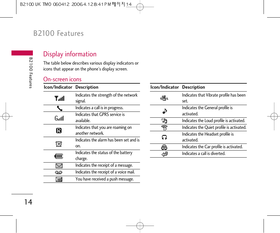 B2100 features, Display information | LG B2100 User Manual | Page 15 / 79