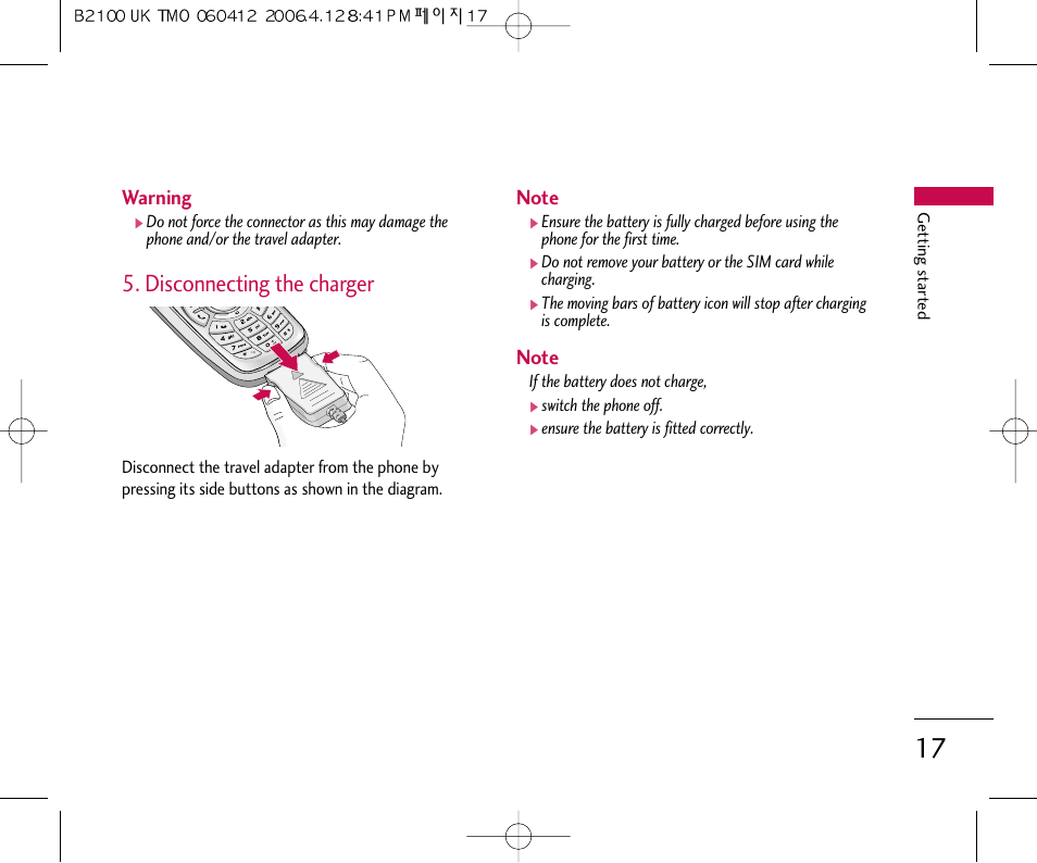 Disconnecting the charger | LG B2100 User Manual | Page 18 / 79