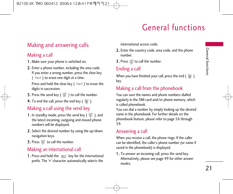 General functions, Making and answering calls, Making a call | Making a call using the send key, Making an international call, Ending a call, Making a call from the phonebook, Answering a call | LG B2100 User Manual | Page 22 / 79