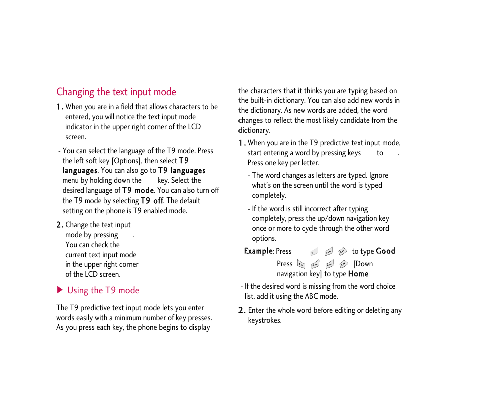 Changing the text input mode | LG B2100 User Manual | Page 24 / 79
