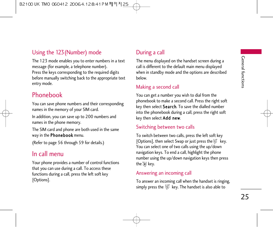 Phonebook, Using the 123(number) mode, During a call | LG B2100 User Manual | Page 26 / 79