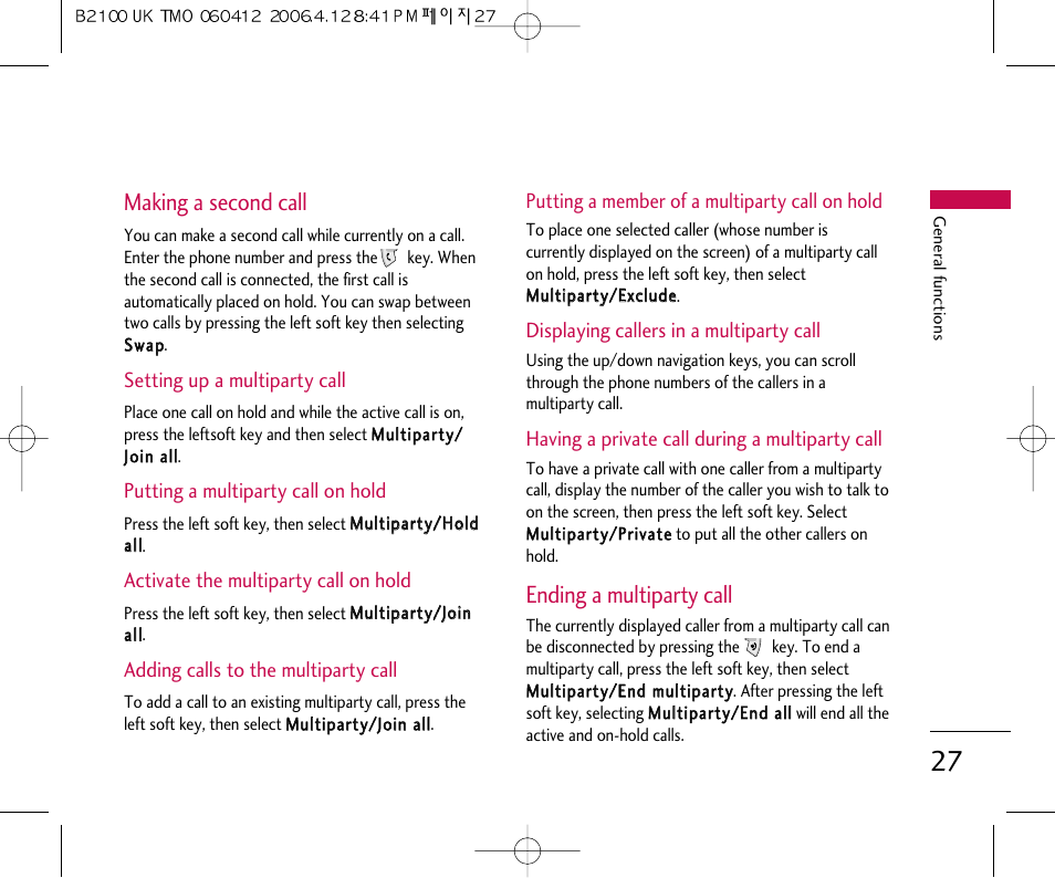 Making a second call, Ending a multiparty call | LG B2100 User Manual | Page 28 / 79