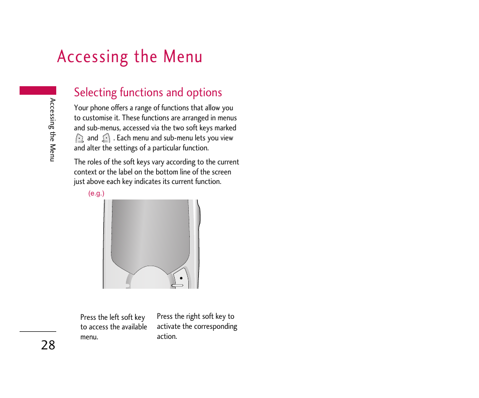 Accessing the menu, Selecting functions and options | LG B2100 User Manual | Page 29 / 79