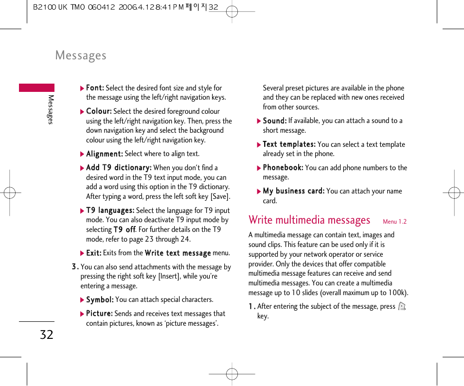 Messages, Write multimedia messages | LG B2100 User Manual | Page 33 / 79