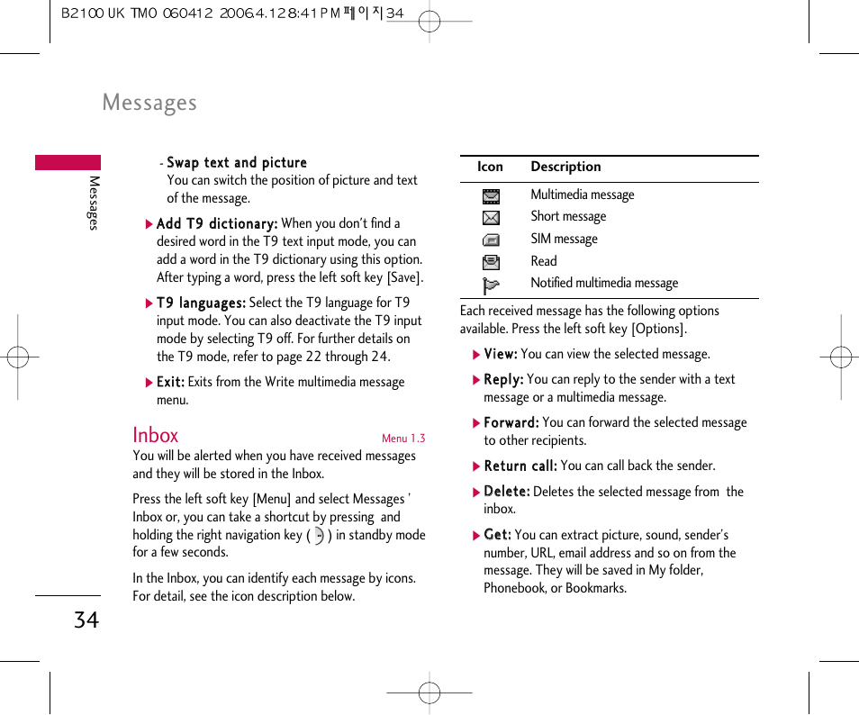 Messages, Inbox | LG B2100 User Manual | Page 35 / 79