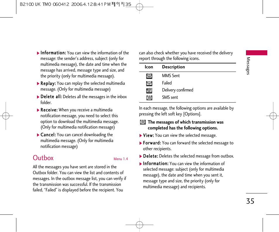 Outbox | LG B2100 User Manual | Page 36 / 79