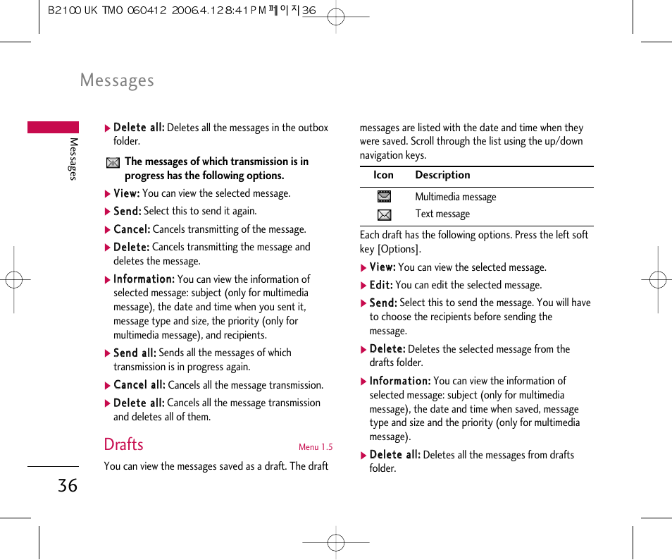 Messages, Drafts | LG B2100 User Manual | Page 37 / 79