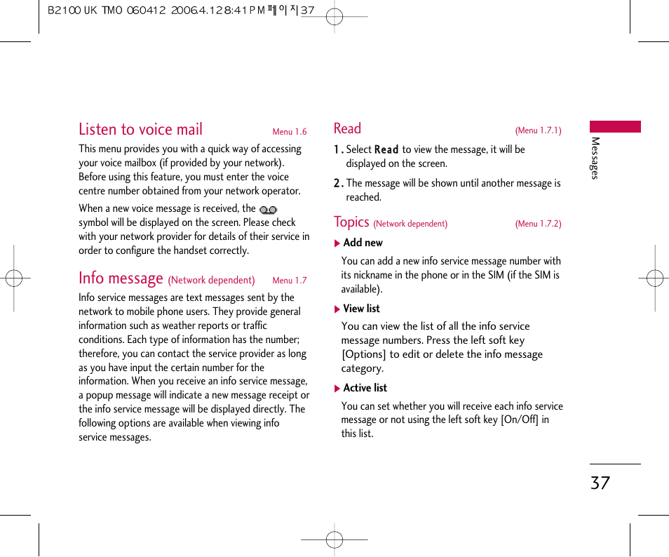 Listen to voice mail, Info message, Read | Topics | LG B2100 User Manual | Page 38 / 79