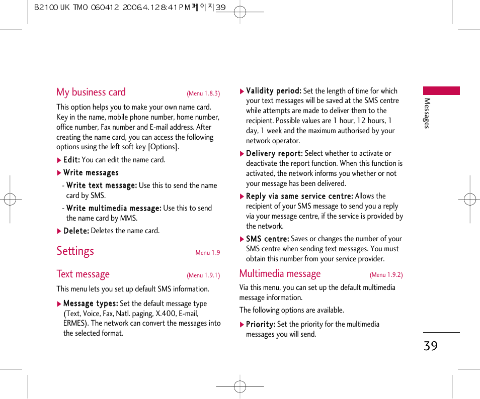 Settings, My business card, Text message | Multimedia message | LG B2100 User Manual | Page 40 / 79
