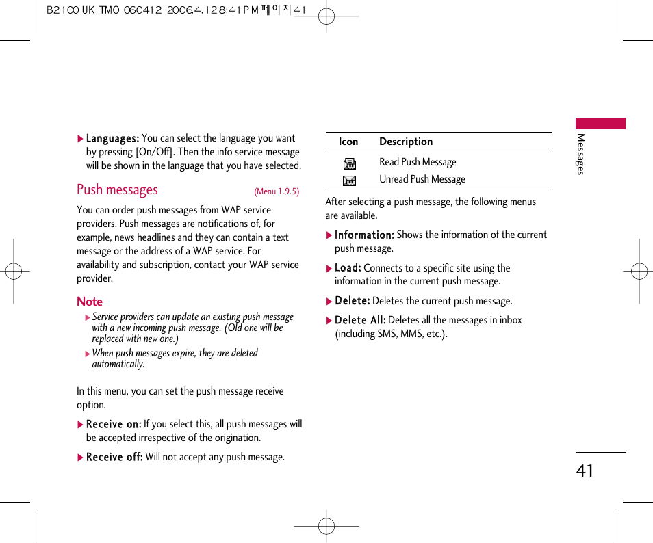 Push messages | LG B2100 User Manual | Page 42 / 79