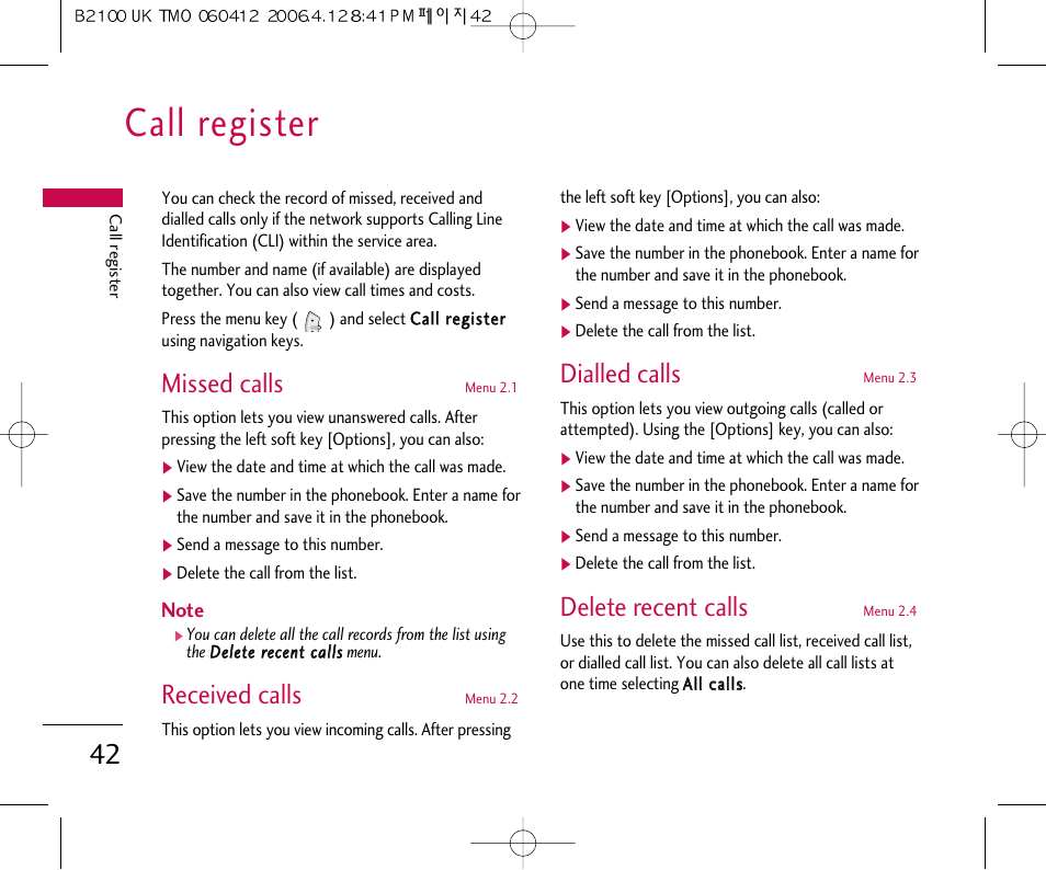 Call register, Missed calls, Received calls | Dialled calls, Delete recent calls | LG B2100 User Manual | Page 43 / 79