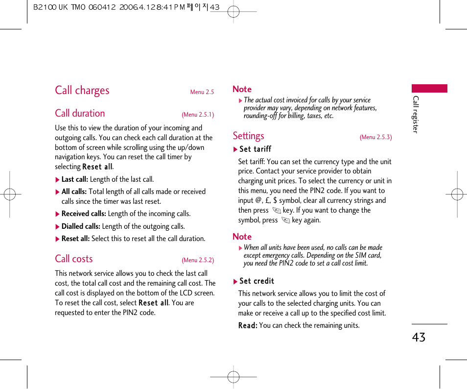 Call charges, Call duration, Call costs | Settings | LG B2100 User Manual | Page 44 / 79