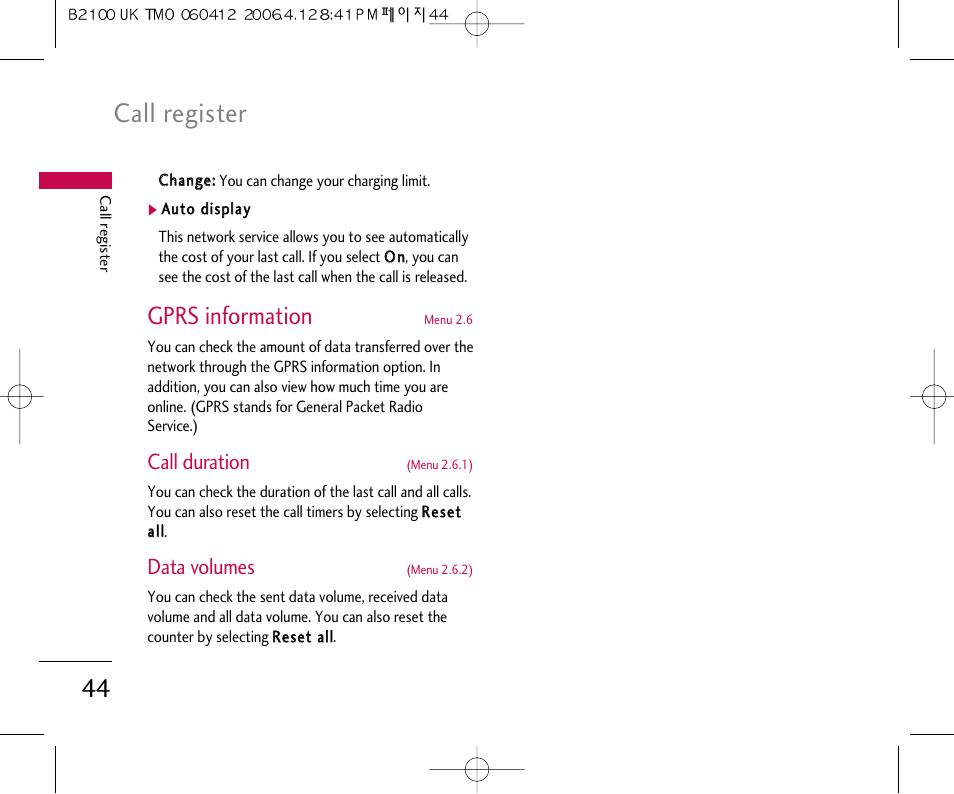 Call register, Gprs information, Call duration | Data volumes | LG B2100 User Manual | Page 45 / 79