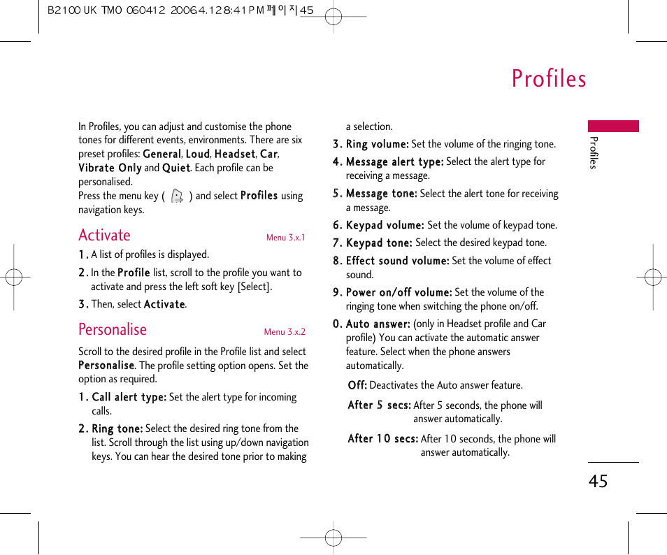 Profiles, Activate, Personalise | LG B2100 User Manual | Page 46 / 79