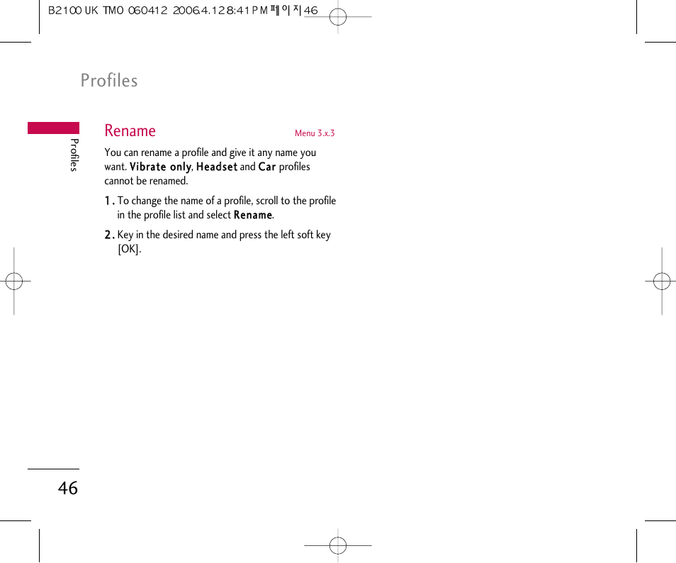 Profiles, Rename | LG B2100 User Manual | Page 47 / 79