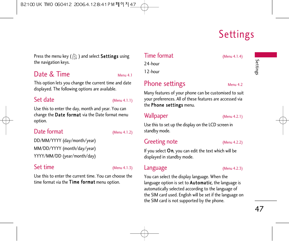 Settings, Date & time, Phone settings | Set date, Date format, Set time, Time format, Wallpaper, Language | LG B2100 User Manual | Page 48 / 79