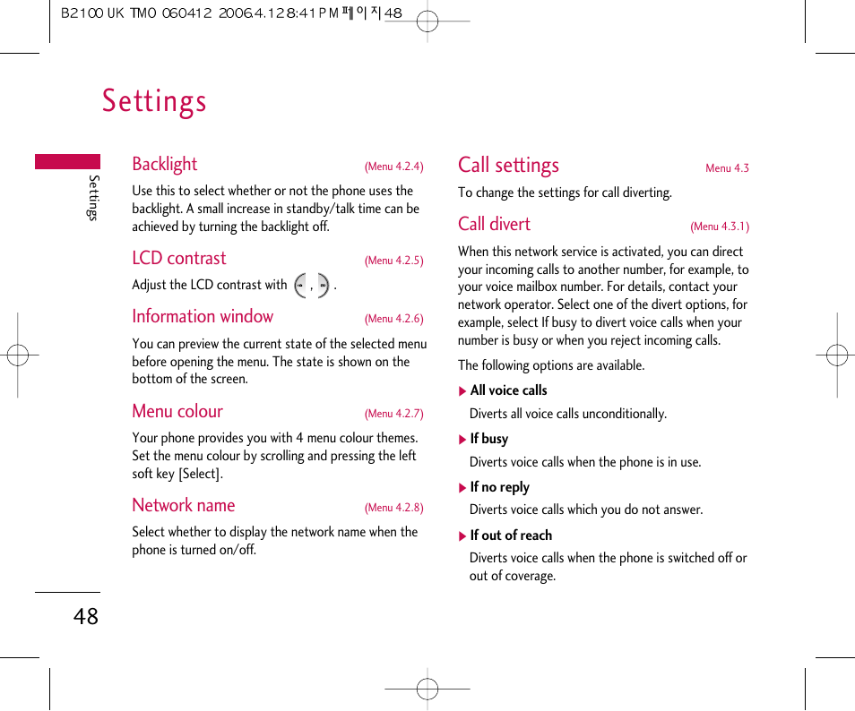 Settings, Call settings, Backlight | Lcd contrast, Information window, Menu colour, Network name, Call divert | LG B2100 User Manual | Page 49 / 79