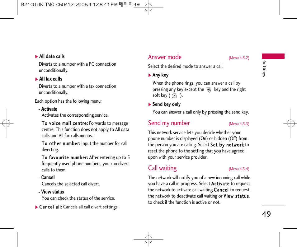 Answer mode, Send my number, Call waiting | LG B2100 User Manual | Page 50 / 79