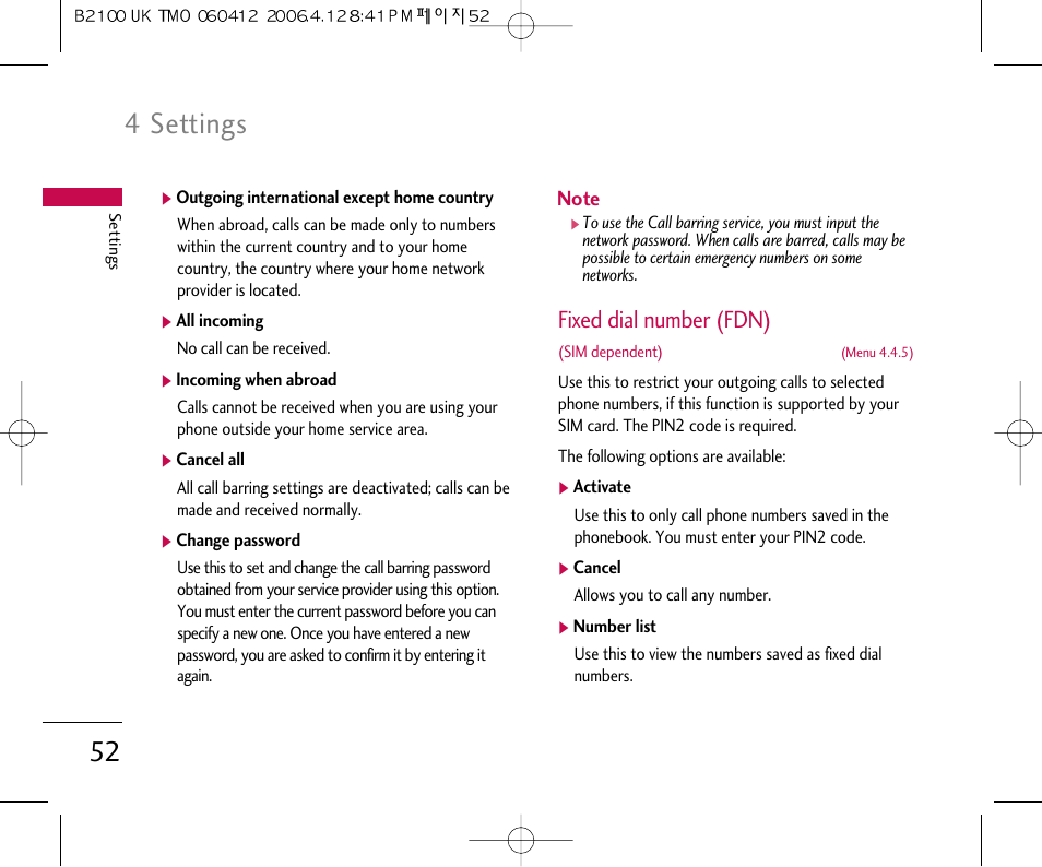 4 settings, Fixed dial number (fdn) | LG B2100 User Manual | Page 53 / 79