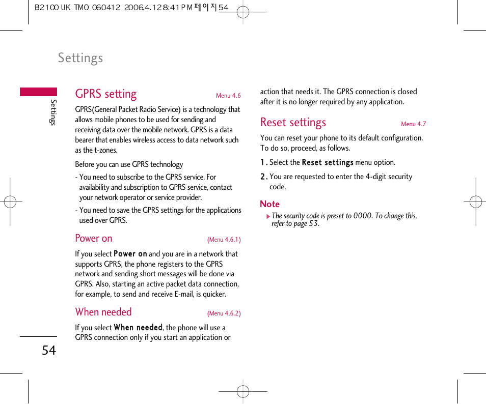 Settings, Gprs setting, Reset settings | Power on, When needed | LG B2100 User Manual | Page 55 / 79