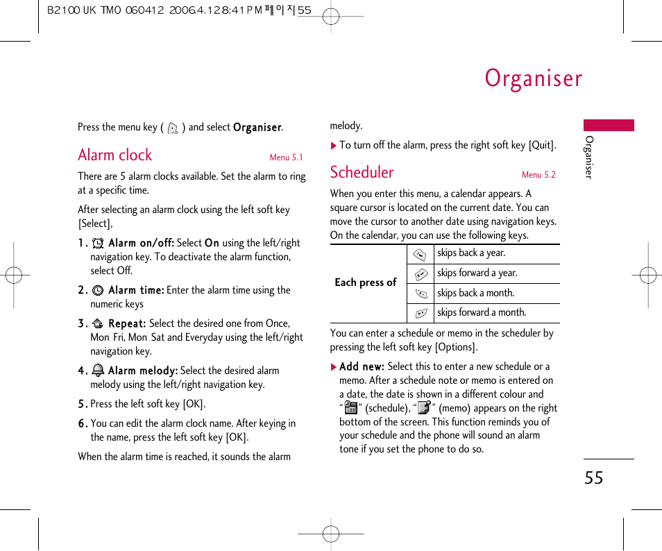 Organiser, Alarm clock, Scheduler | LG B2100 User Manual | Page 56 / 79