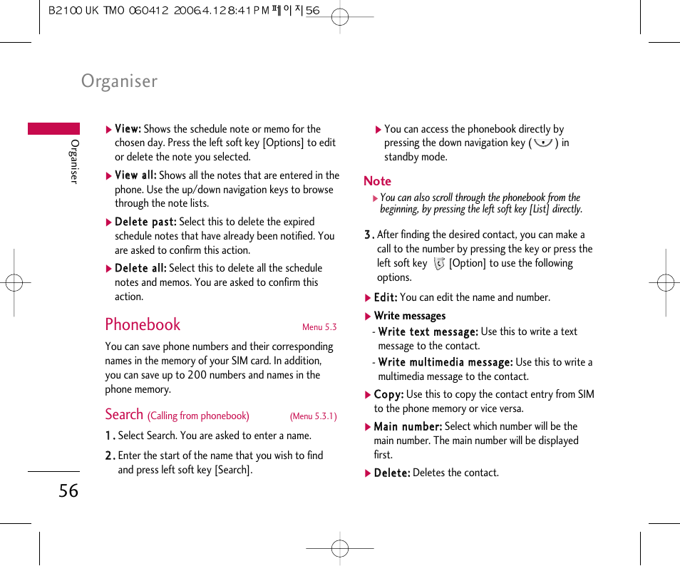 Organiser, Phonebook, Search | LG B2100 User Manual | Page 57 / 79