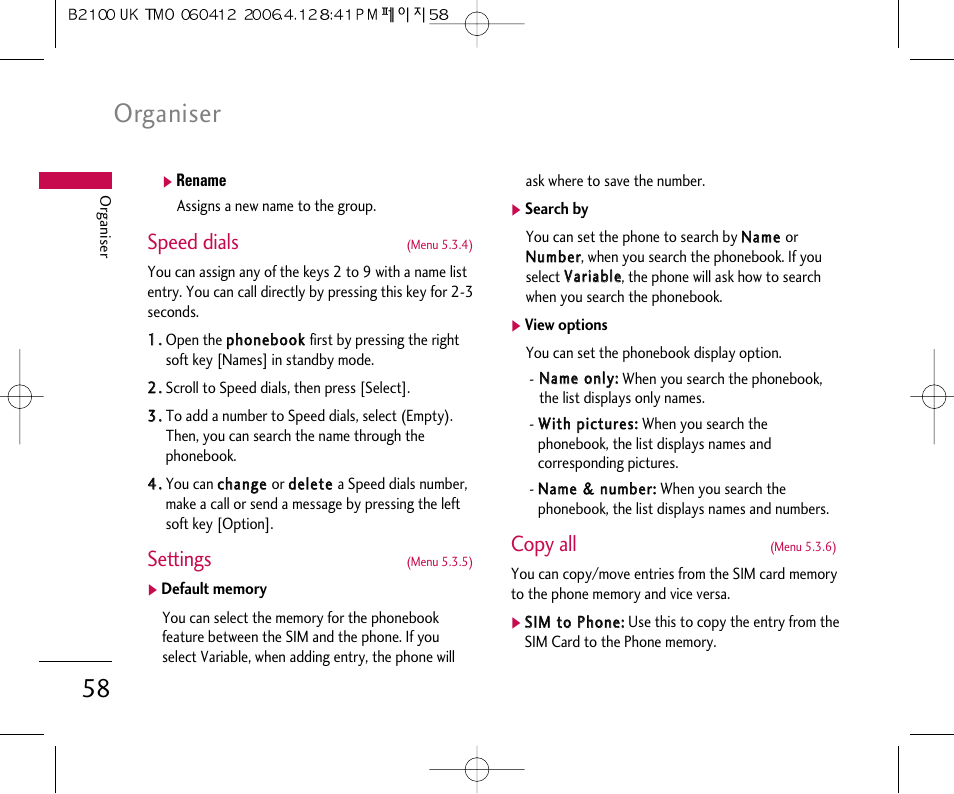 Organiser, Speed dials, Settings | Copy all | LG B2100 User Manual | Page 59 / 79