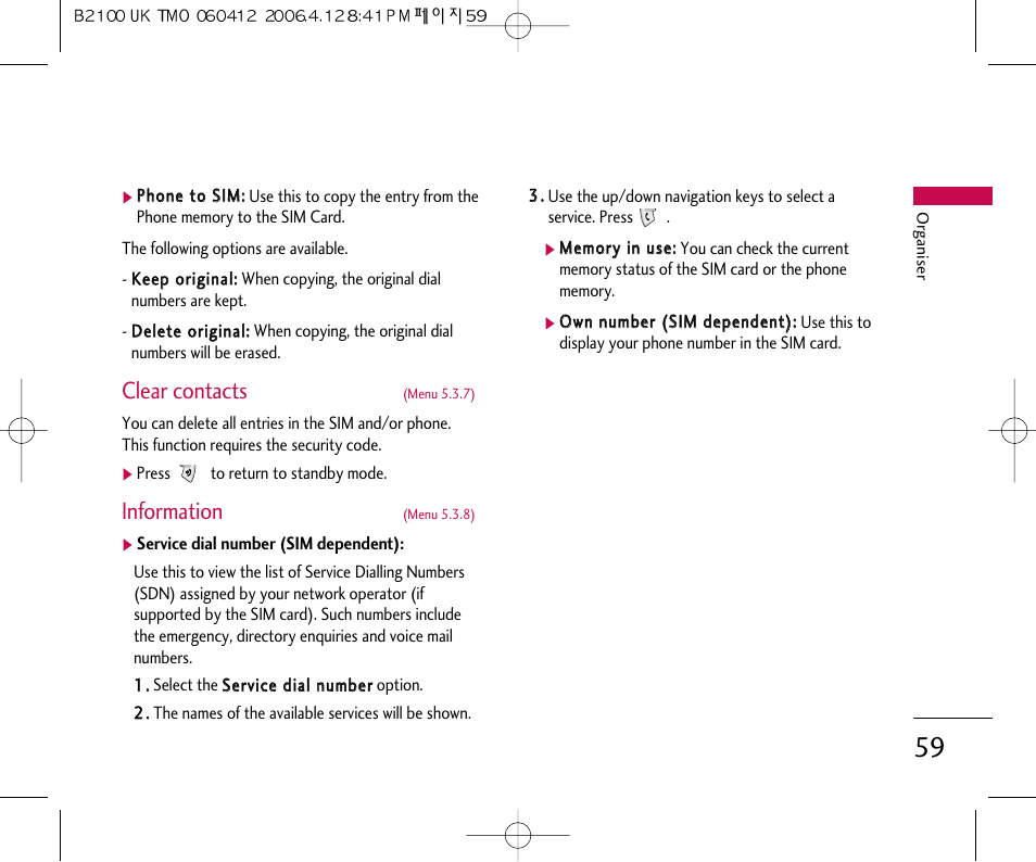 Clear contacts, Information | LG B2100 User Manual | Page 60 / 79