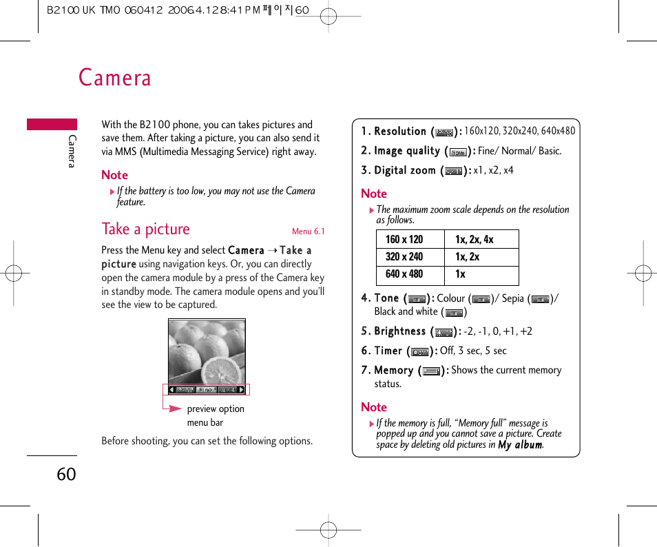 Camera, Take a picture | LG B2100 User Manual | Page 61 / 79