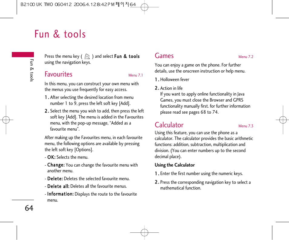 Fun & tools, Favourites, Games | Calculator | LG B2100 User Manual | Page 65 / 79