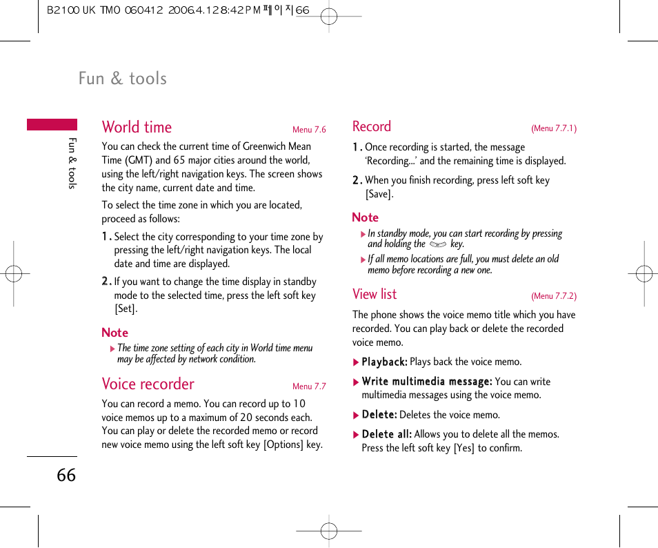 Fun & tools, World time, Voice recorder | Record, View list | LG B2100 User Manual | Page 67 / 79